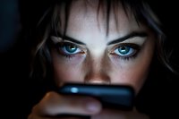 Close-up portrait of young woman with bright blue eyes and freckles looking at glowing smartphone screen in dark, creating dramatic lighting on face.