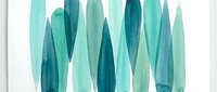 Abstract watercolor brushstrokes in teal and turquoise creating vertical organic shapes on white background for modern interior design projects.