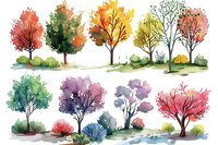 Watercolor collection of seasonal trees and bushes in vibrant colors perfect for nature-themed designs, greeting cards, and botanical illustrations. Artistic landscape elements on white background.