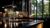 Modern luxury kitchen interior with black granite countertop, wooden cabinets and decorative flowers in glass vases, illuminated by warm ambient lighting.