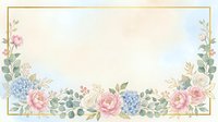 Pink and blue flowers with green foliage arranged in corners on cream background, isolated design element suitable for invitations, greeting cards, and decorative projects.