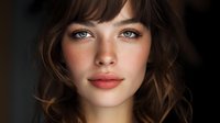 Young woman with wavy brown hair, blue eyes, and coral lips against dark background, showcasing natural makeup look for beauty and cosmetic advertising.