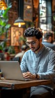 Young Hispanic man with glasses working on laptop in cozy coffee shop with warm lighting and industrial decor for remote work and freelance concepts.