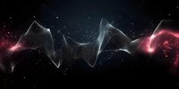 Abstract cosmic wave formation with translucent geometric shapes floating in dark space, illuminated by pink and white light streaks against starry background.