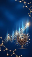 Digital security shield with padlock and rising financial charts on blue background with glowing network connections for cybersecurity and data protection concepts.