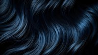 Luxurious dark blue hair with smooth wavy texture and glossy shine, close-up view showing flowing strands against black background.