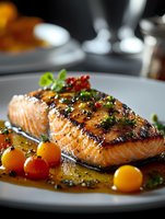 Grilled salmon fillet with honey glaze, fresh herbs, and colorful cherry tomatoes served on white plate with sauce. Gourmet restaurant presentation with selective focus.