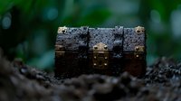 Weathered wooden treasure chest with brass details partially buried in dark soil against blurred green forest background, creating mysterious atmosphere.