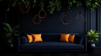 Dark blue velvet sofa with orange accent pillows against navy wall decorated with copper hexagon frames, green plants creating moody interior design.
