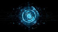 Futuristic blue circular technology interface with glowing elements and digital circuit patterns on dark background for sci-fi and tech concepts.