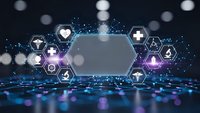 Digital healthcare technology network with medical icons and hexagonal interface elements on futuristic blue background for telemedicine applications.