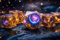 Mystical glowing dice with cosmic purple energy cores on dark stone surface with magical sparkles and ethereal lighting effects for fantasy gaming.