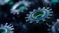 Glowing green mechanical gears with digital particles floating in dark space create futuristic industrial technology background for business and innovation concepts.