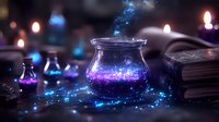 Magical potion jar glowing with purple liquid and blue sparkles, surrounded by mystical books and bottles in dark atmospheric setting with bokeh lights.