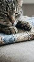 Tabby cat sleeping peacefully with paws stretched out on a knitted blanket, close-up portrait of a cozy domestic pet at home.