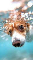Adorable Jack Russell terrier dog swimming in turquoise water with head partially submerged, creating ripples and bubbles around its expressive eyes and nose.