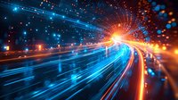 Futuristic digital highway with blue and orange light trails creating dynamic motion effect, representing speed and technology advancement in digital space.