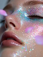 Close-up macro shot of female face with holographic glitter makeup, shimmering iridescent sparkles on skin, glossy lips and closed eye in artistic beauty portrait.