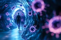 Silhouette walking through glowing blue tunnel surrounded by floating pink virus cells, representing health crisis and medical breakthrough concept.