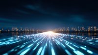 Futuristic digital network with glowing blue light trails leading to bright horizon point against night city skyline, representing data flow and connectivity.