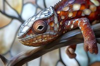 Detailed macro shot of colorful chameleon with intricate scale patterns and distinctive eye, showcasing vibrant orange and white coloring as it perches on branch.