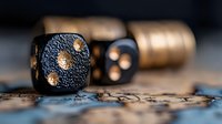 Black gaming dice with golden pips on vintage map background, selective focus macro shot showing textured surface and dramatic lighting for tabletop gaming concepts.