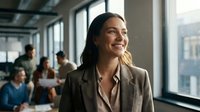 Smiling female professional with long dark hair wearing beige blazer in modern office corridor with colleagues and city skyline visible through windows.
