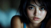 Young Asian woman with dark hair and striking blue eyes looking directly at camera with intense gaze and natural makeup in soft lighting for portrait photography.