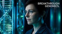 Young adult male scientist with glasses examining DNA helix in futuristic laboratory environment, representing genetic research and biotechnology innovation for medical and scientific applications.