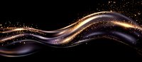 Elegant flowing waves of gold and purple light with sparkling particles create dynamic motion effect against black background. Luxury abstract design element.