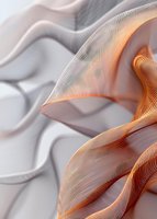 Abstract flowing fabric in white and orange creates elegant waves and folds with soft shadows and delicate mesh texture patterns for luxury backgrounds.