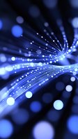 Glowing blue fiber optic cables with bokeh light effects on dark background, macro shot showing detailed strands and illuminated connection points for technology concepts.