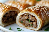 Flaky puff pastry rolls filled with seasoned ground meat and herbs, topped with sesame seeds, sliced to show savory filling on white plate.