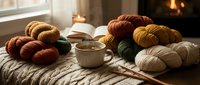 Cozy autumn knitting scene with colorful yarn skeins, steaming coffee cup and warm fireplace creating perfect crafting atmosphere for handmade projects.