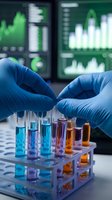 Scientist hands in blue gloves handling colorful test tubes in modern laboratory with digital data screens showing research analytics and charts.