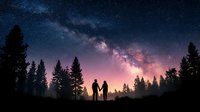 Silhouetted couple holding hands gazing at starry night sky with milky way galaxy above forest landscape, romantic astronomy scene for travel and nature designs.