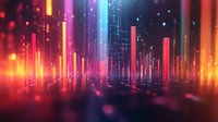Vibrant digital equalizer bars in neon colors rise against dark background with glowing particles and light beams creating futuristic audio visualization atmosphere.