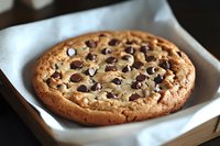 Freshly baked chocolate chip cookie with golden brown edges and melted chocolate chips on parchment paper for bakery marketing and food photography.