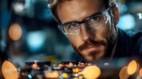 Professional male with beard and glasses in dark setting with glowing bokeh lights, looking thoughtfully at illuminated control panel or electronic device display.