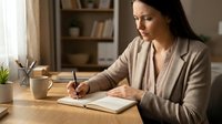 Professional businesswoman writing notes at wooden desk in modern home office with warm natural lighting and bookshelf background.