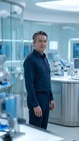 Middle-aged male professional in dark navy shirt standing in modern laboratory or medical research facility with glass partitions and scientific equipment visible in background.