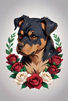 Rottweiler dog portrait with red and white roses, laurel wreath frame on gray background. Decorative tattoo style artwork with floral elements. Isolated design.