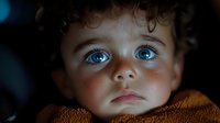 Young child with striking blue eyes and curly dark hair gazing upward with innocent expression, wrapped in warm brown blanket against dark background.