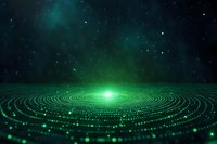 Glowing green circular pattern of digital dots and lines radiating from bright center point against dark starry space background, creating futuristic technology concept.