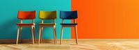 Colorful wooden chairs arranged in row against vibrant turquoise and orange wall with wooden floor, minimalist interior design concept for modern spaces.
