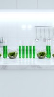 Green liquid in laboratory test tubes and glass spheres with plants on white counter in modern research facility for biotechnology experiments.