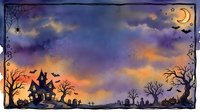 Spooky Halloween night scene with haunted house silhouette, bare trees, bats flying under crescent moon, purple orange sky background for seasonal designs.