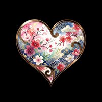 Japanese style heart with cherry blossoms, gold trim, and blue wave patterns, isolated on transparent background. Great for stickers, t-shirts, and print on demand.