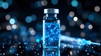 Glowing blue liquid in medical vial with metallic cap on dark background with bokeh lights, syringe silhouette. Scientific research and pharmaceutical concept.