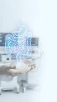 Doctor hand presenting holographic digestive system anatomy in modern medical office for healthcare technology and gastroenterology education.